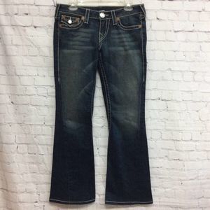 True Religion Womens Flare Jeans Blue Stretch Dark Wash Pockets Faded Denim 29